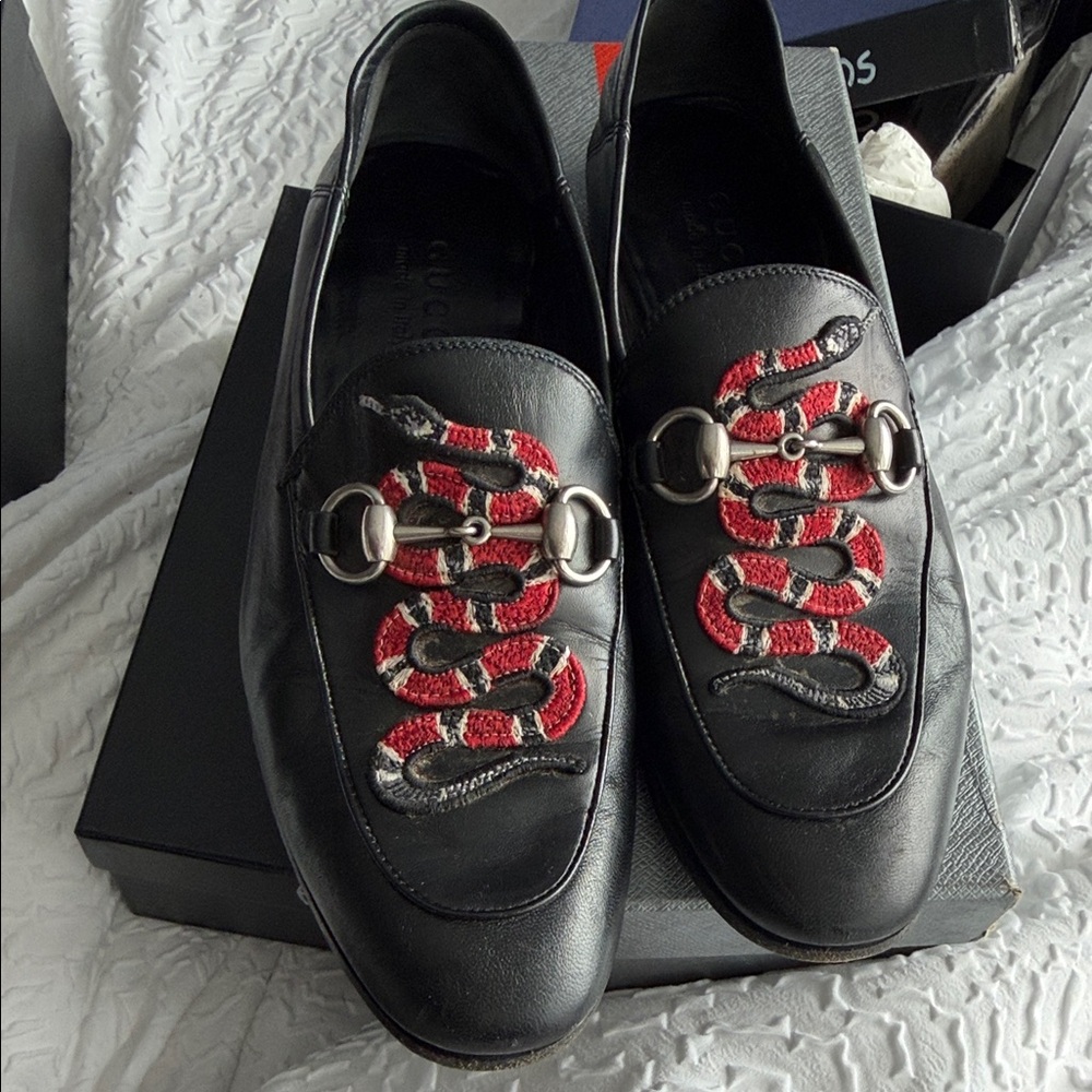 Gucci Black Leather Horsebit Loafers with Red Snake Embroidery